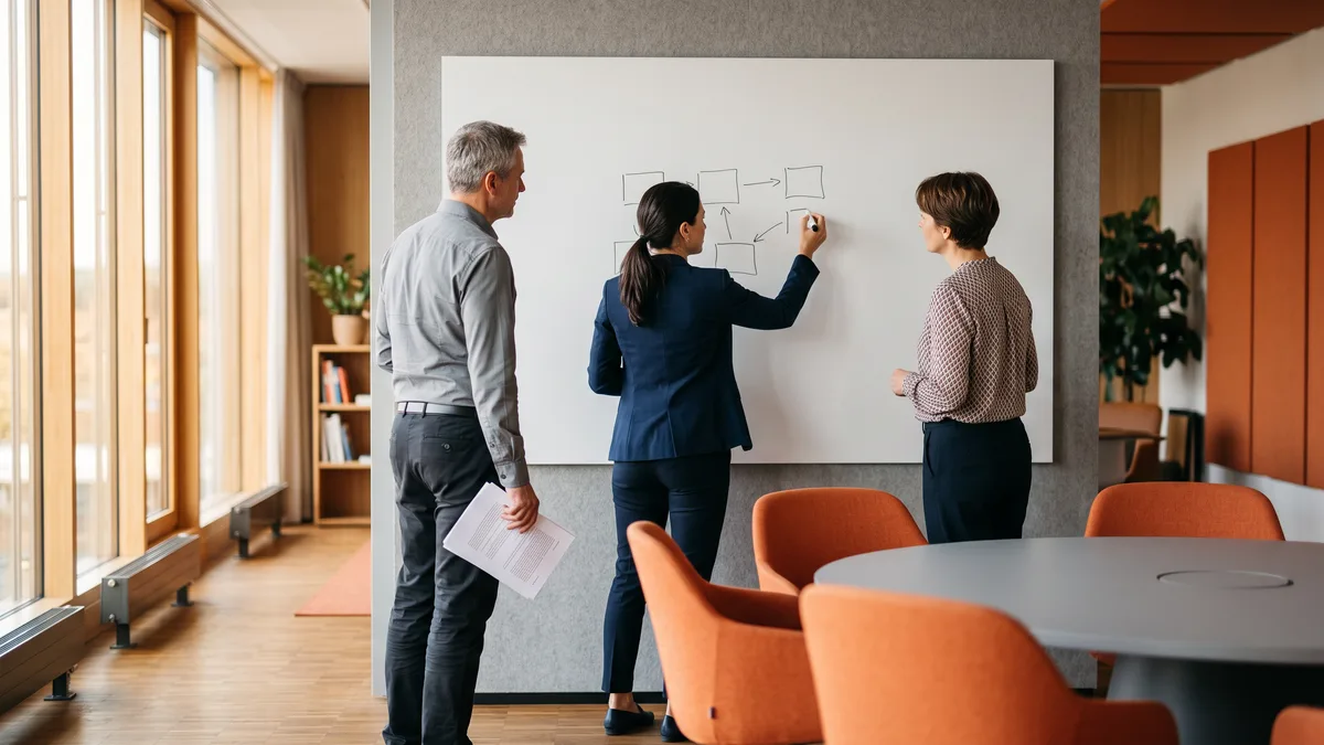 Engineering and procurement leads mapping an AI project scope at a whiteboard before approving a contractor rate