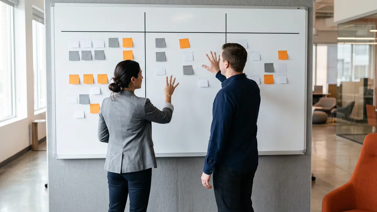 Consultants sorting ERP vendor AI features into three whiteboard columns for shipping, scheduled, and slideware