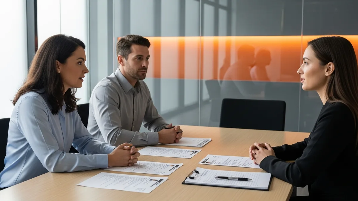Two interviewers reviewing printed resumes across a conference table with an AI engineering candidate during a technical screen