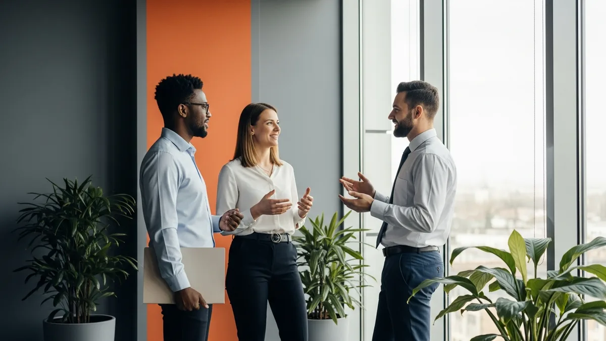 Three colleagues standing by an office window discussing whether to hire a generative AI engineer or a machine learning engineer first