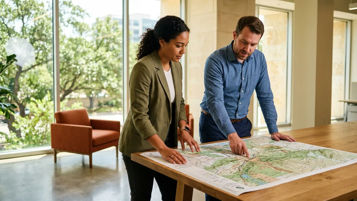 Two colleagues reviewing a printed Central Texas regional map on a table in a bright Austin office