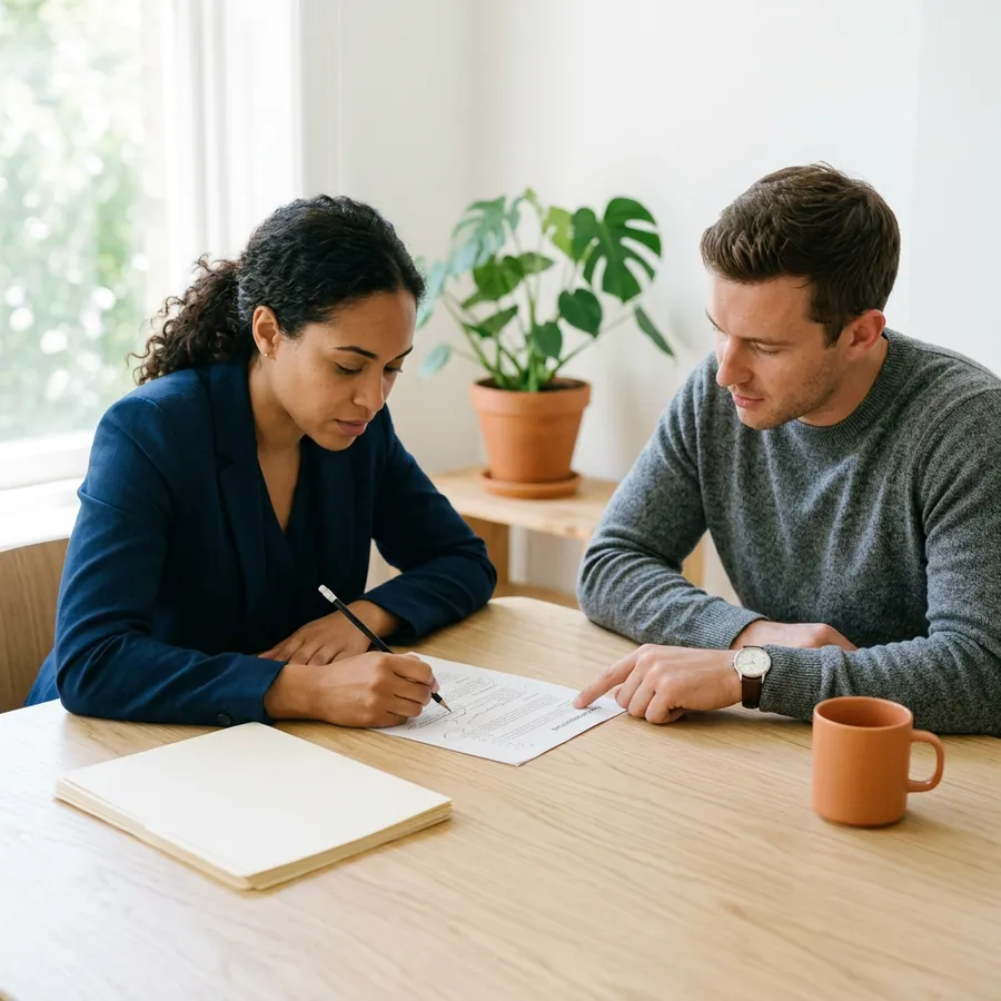 A hiring manager and a recruiter marking up a printed AI job requisition at a table in Austin