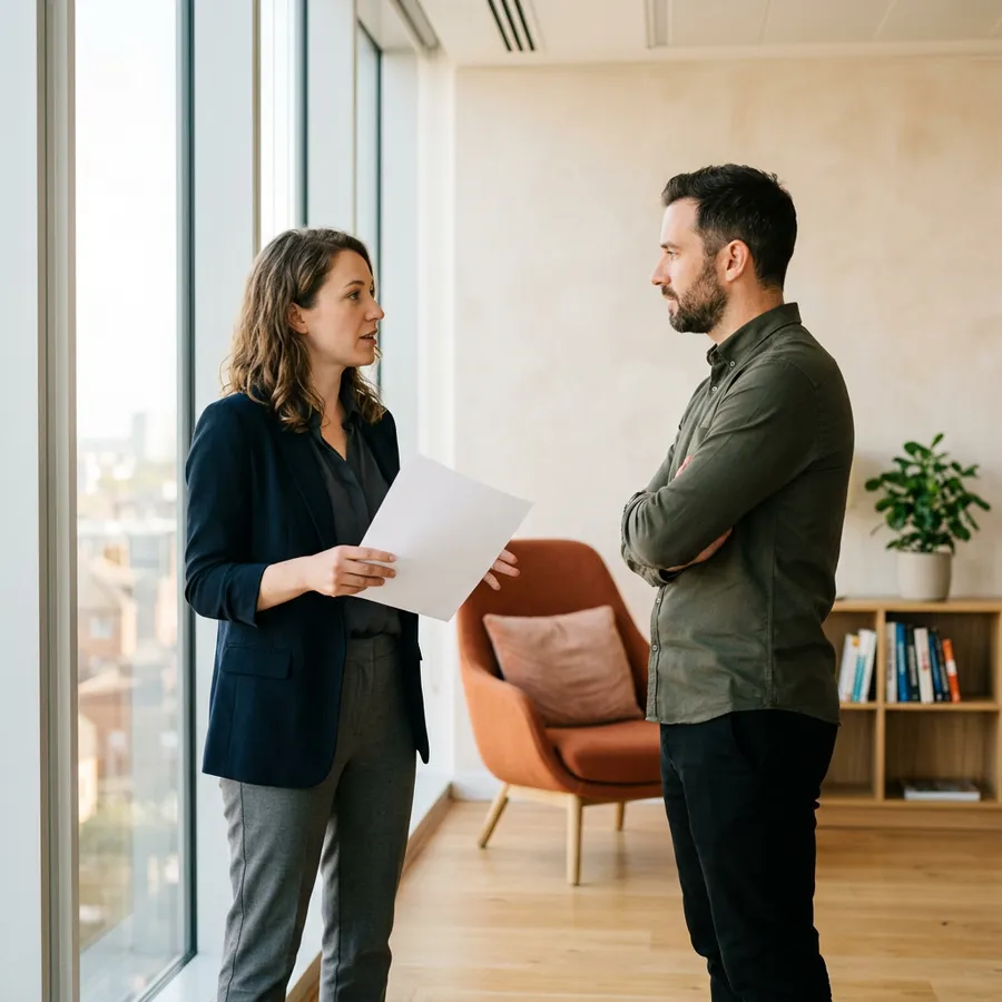 Two professionals discussing an AI engineer compensation benchmark sheet beside an office window in Austin