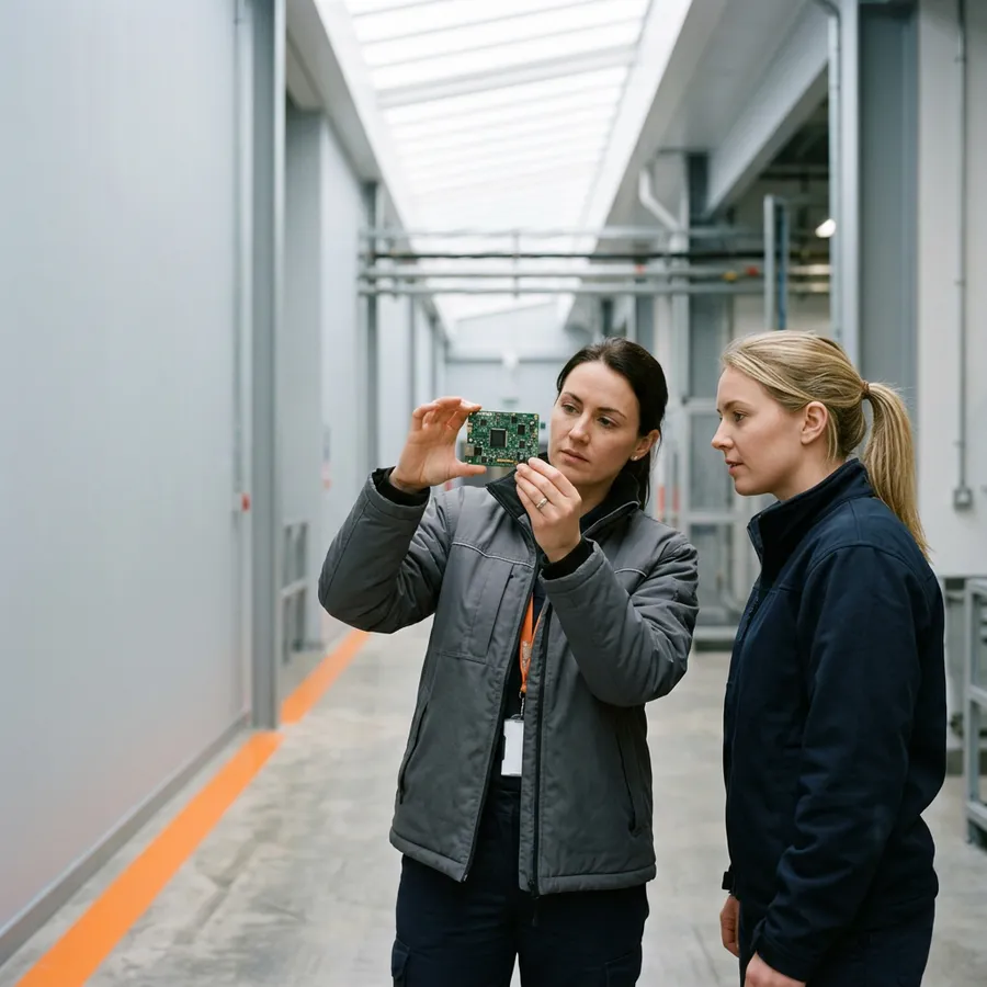 An engineer holding a small circuit board module in a bright industrial corridor while a colleague looks on