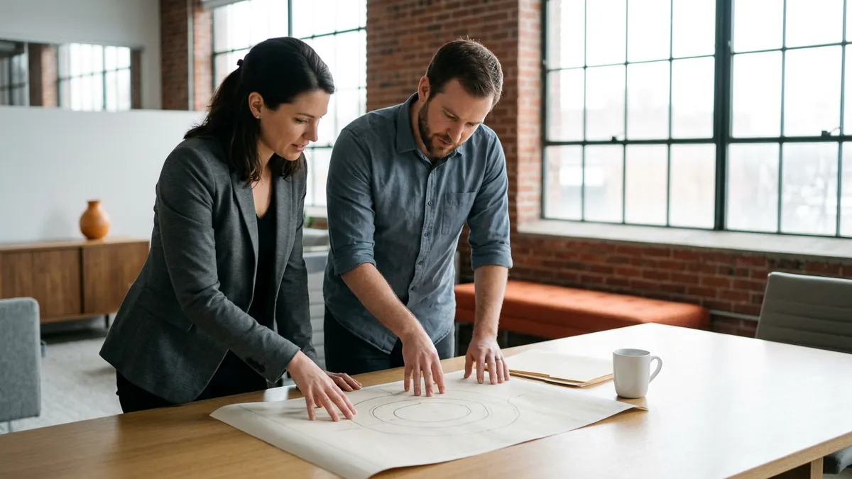 Two colleagues reviewing a printed regional hiring map with concentric rings at a table in a bright Cambridge office