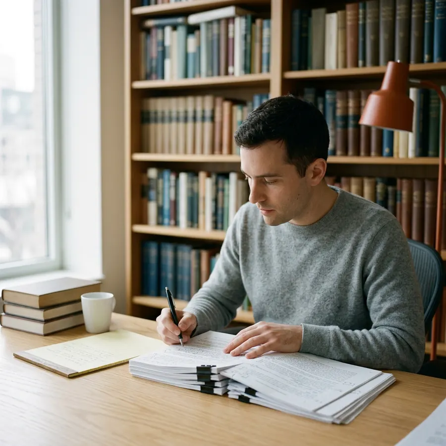 A machine learning engineer marking up a stack of printed research papers at a desk in a Boston office