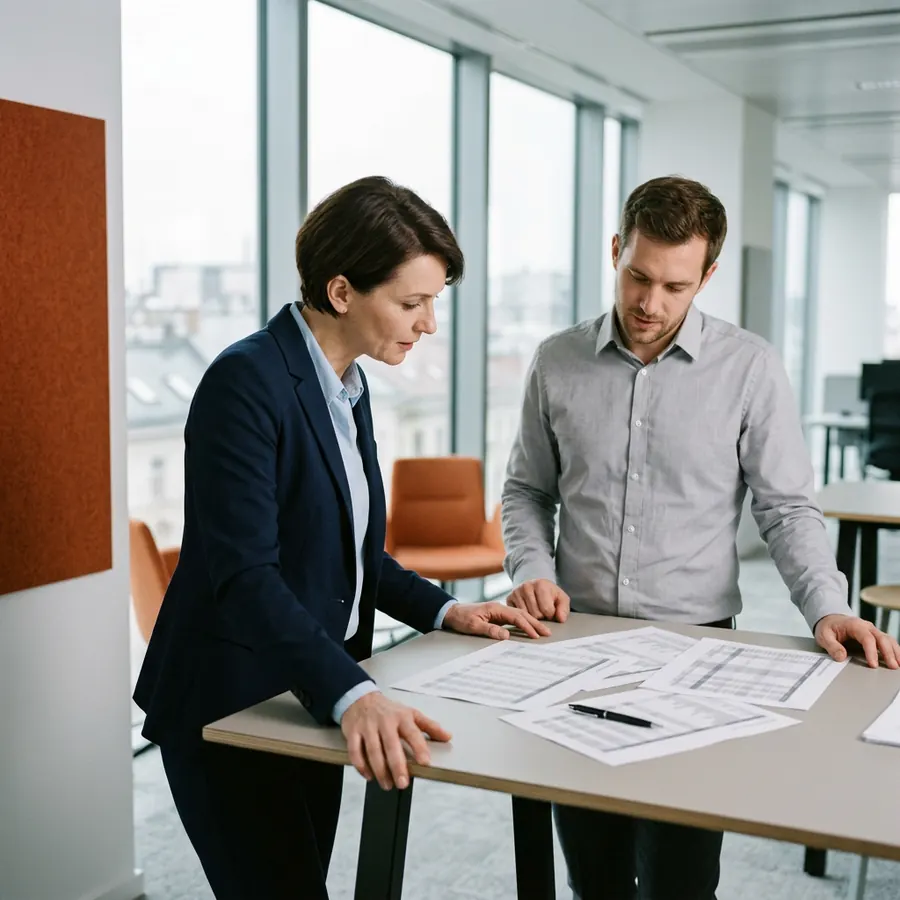A hiring manager and a recruiter comparing printed compensation benchmark sheets at a standing table in a Boston office