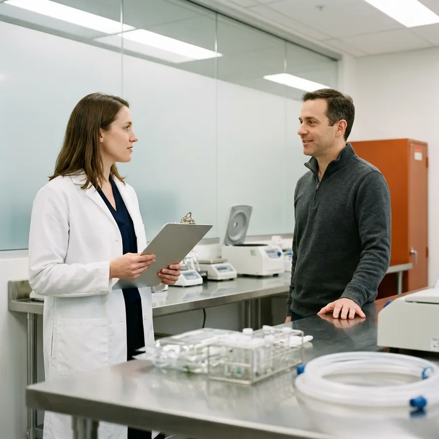 A scientist and a software engineer reviewing a printed validation checklist beside laboratory equipment in a Cambridge facility
