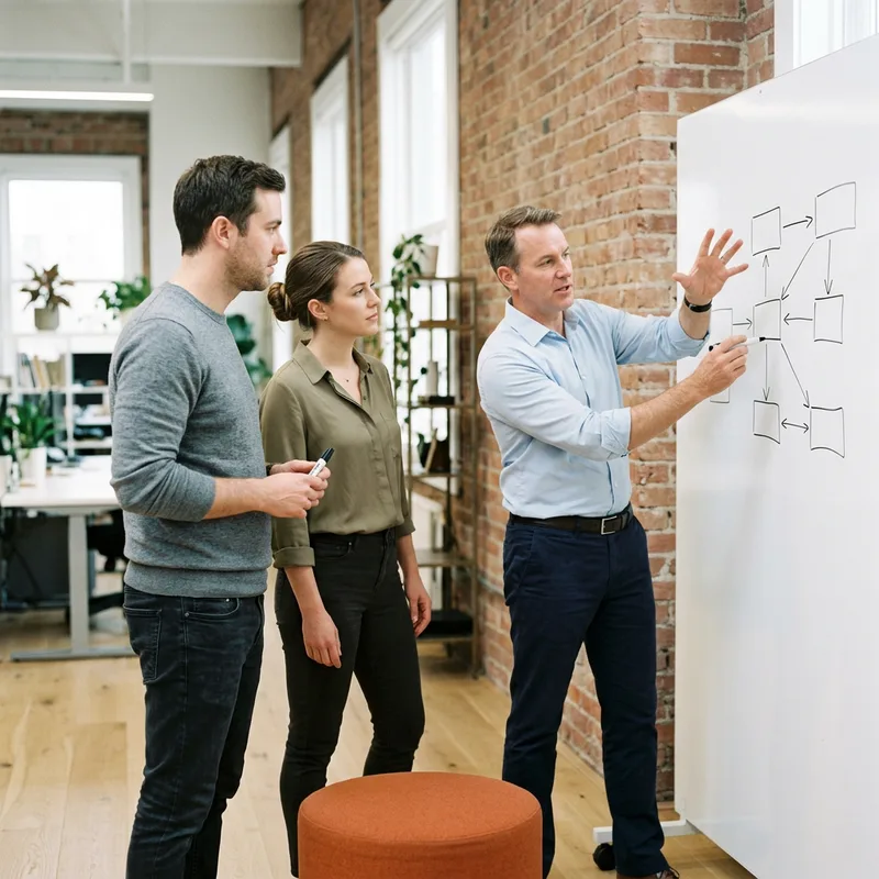 Three engineers working through an evaluation plan on a whiteboard in a Denver office with exposed brick