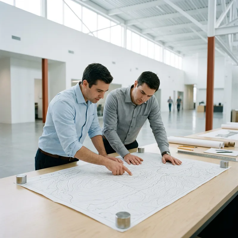 Two engineers examining a large printed contour map in a bright modern Colorado engineering facility