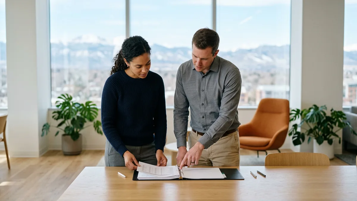 Two colleagues reviewing a printed binder together in a bright Denver office with the Front Range visible through the windows