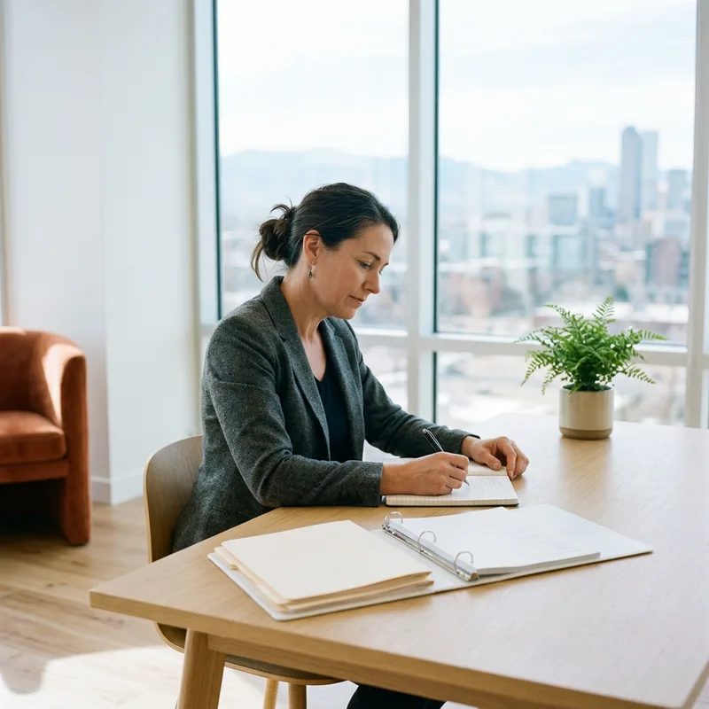 A Denver hiring manager writing notes beside an open ring binder in a downtown office overlooking the city
