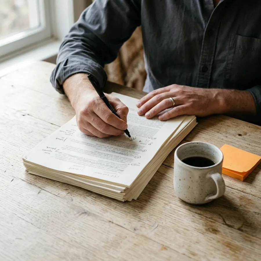 An engineer annotating a printed evaluation report with a pen while reviewing model serving cost