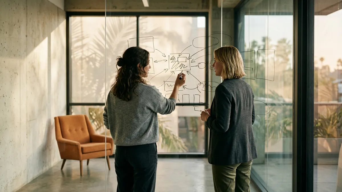 Two colleagues sketching an AI system on a glass writing wall in a Los Angeles office, illustrating AI staffing in Los Angeles