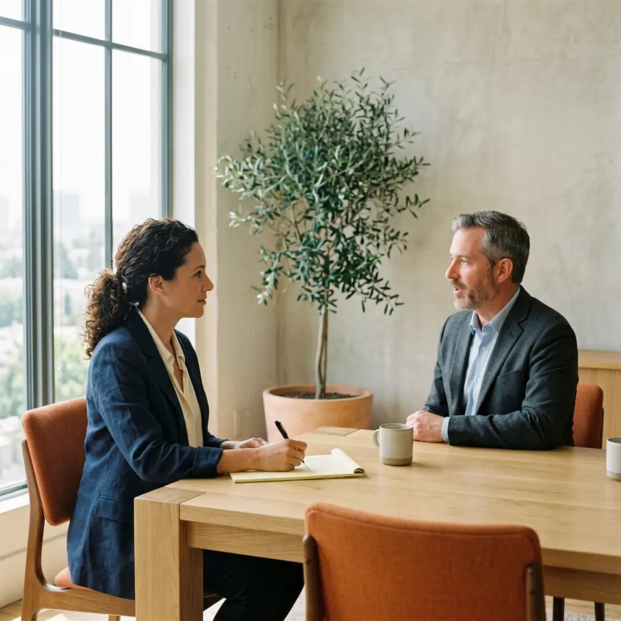A KORE1 recruiter taking notes on a legal pad during a technical screen with an AI engineer candidate in Los Angeles