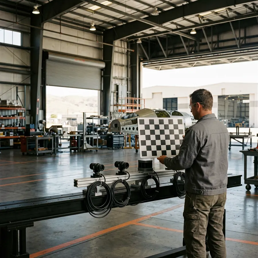 An engineer adjusting optical hardware on an instrument bench in a South Bay Los Angeles aerospace laboratory