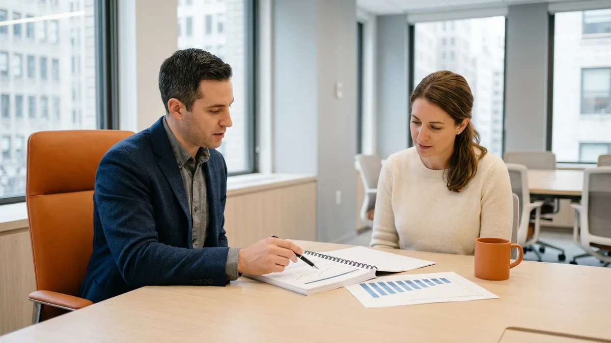 Two colleagues reviewing a printed model evaluation report at a conference table in a light-filled Manhattan office