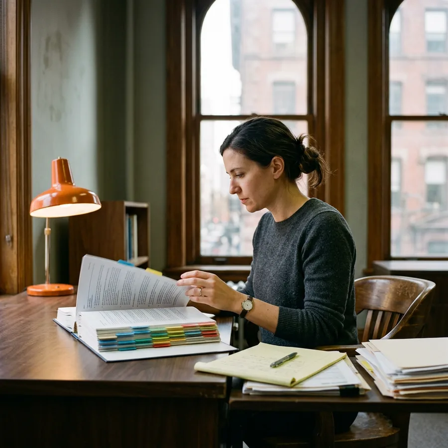 A machine learning engineer reviewing a tabbed model validation binder at a desk in a New York office