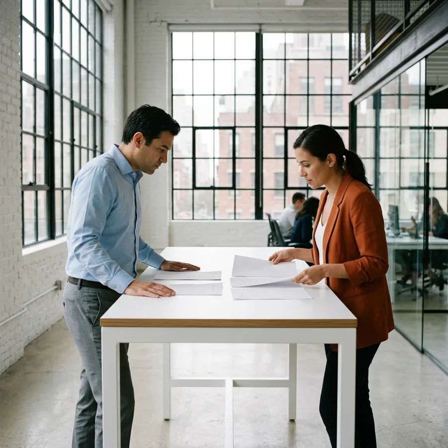 A hiring manager and a recruiter comparing printed compensation range sheets at a standing table in New York