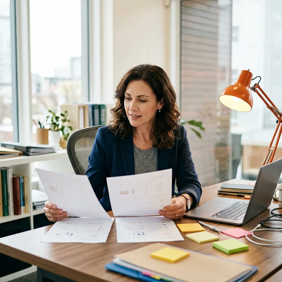 A KORE1 recruiter comparing candidate notes against a competing offer letter at a desk in San Francisco