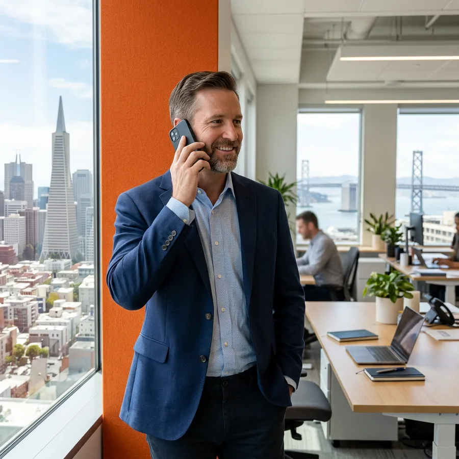 A KORE1 recruiter on a phone call in a bright San Francisco office, ready to move quickly on an AI search