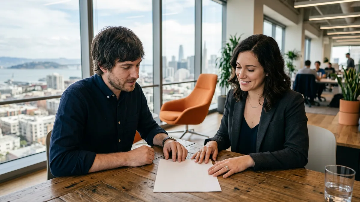 Two colleagues reviewing a job offer letter across a desk in a bright San Francisco office with an orange accent chair