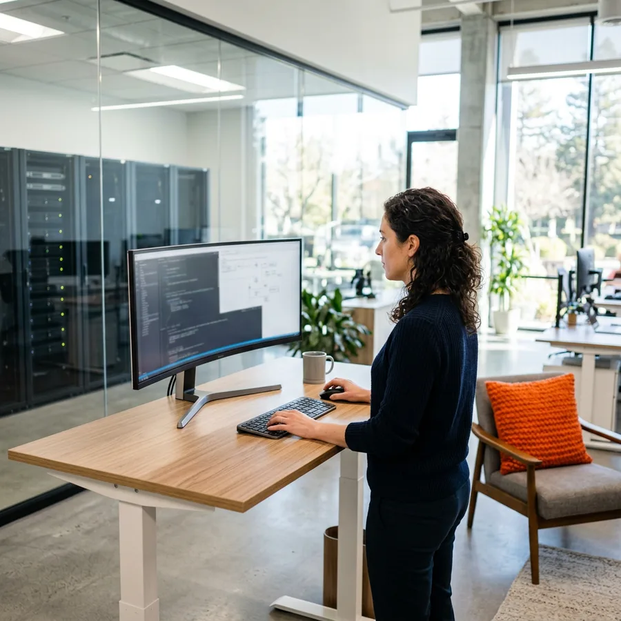 An engineer working at a standing desk in a Peninsula office park near Palo Alto with server infrastructure visible in the background