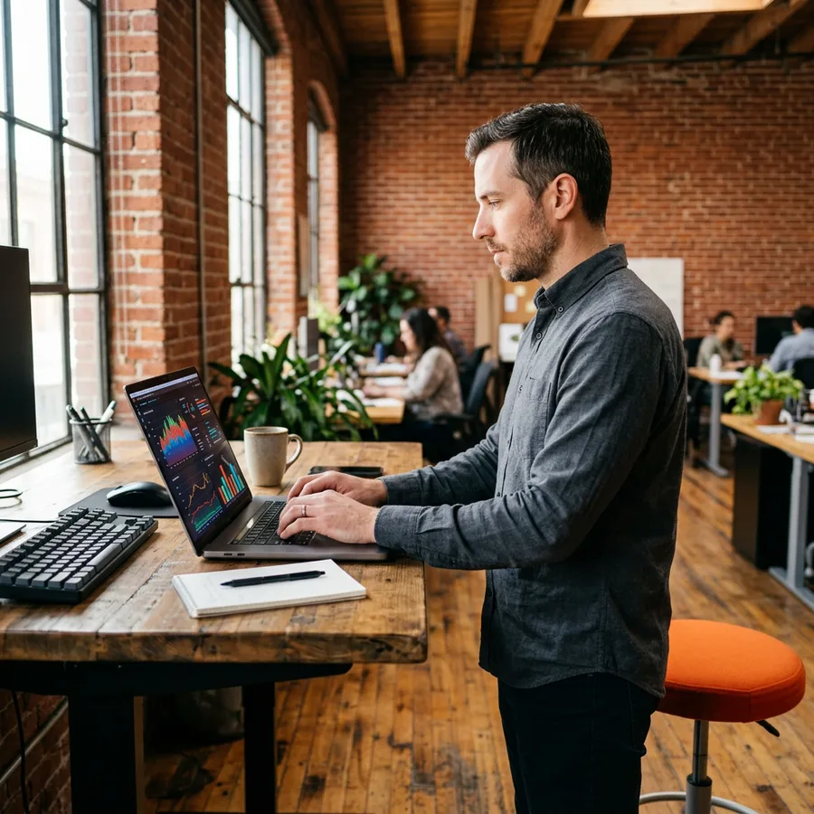 An engineer reviewing a model serving cost dashboard on a laptop in a SOMA loft office