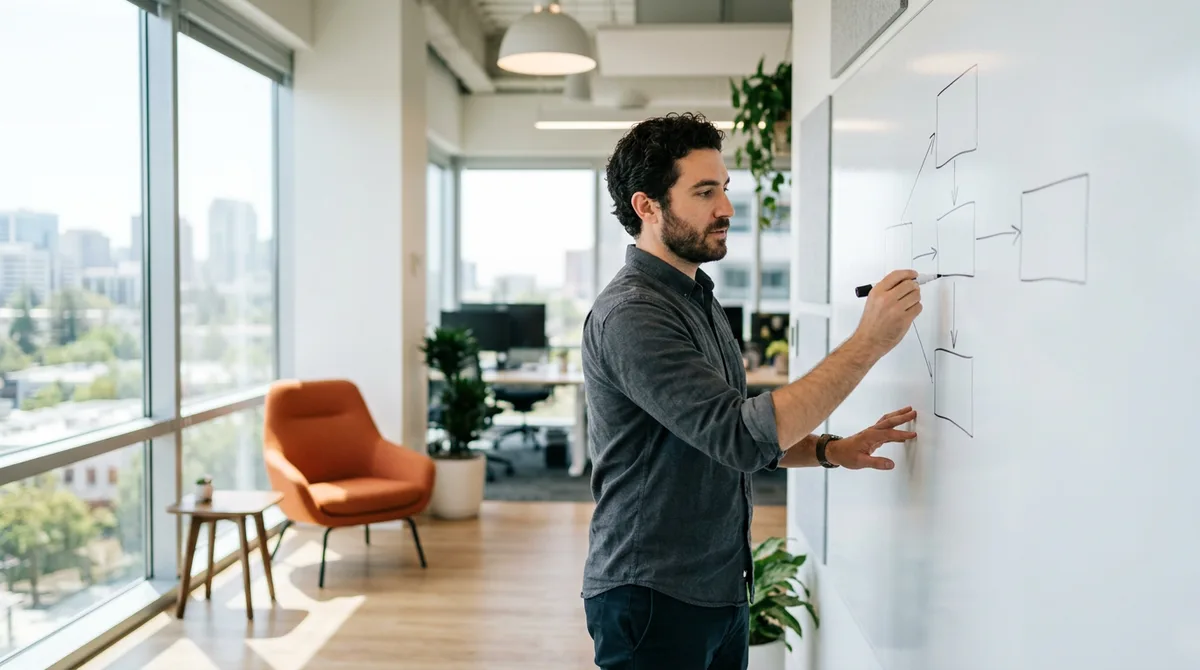 An engineer sketching a system architecture diagram on a whiteboard in a bright San Jose office with an orange accent chair