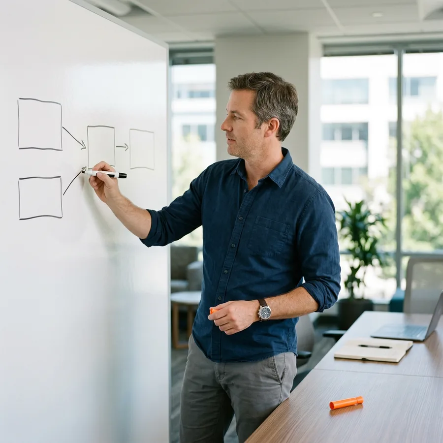 An engineer annotating a system diagram distinguishing a hosted model from a self-trained model on a whiteboard