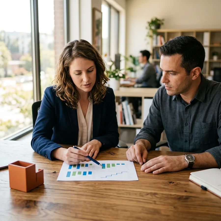 A candidate reviewing a printed equity and compensation statement across a desk from a KORE1 recruiter