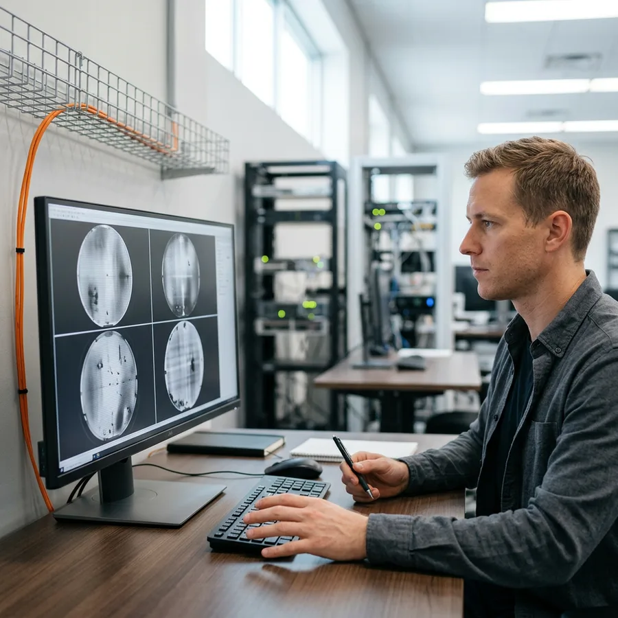 An engineer reviewing wafer inspection imagery on a monitor next to networking hardware in a San Jose lab