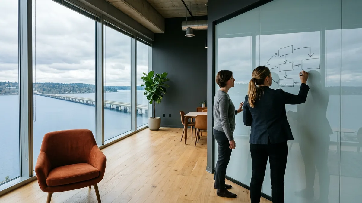Two engineers sketching a model architecture on a glass wall in a Seattle office overlooking Lake Washington and a floating bridge
