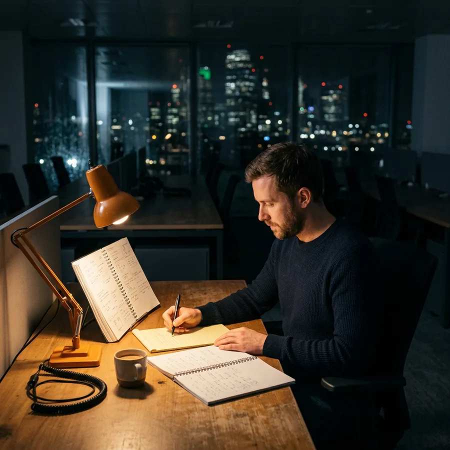 An engineer working late in an empty Seattle office reviewing a printed on-call runbook by lamplight