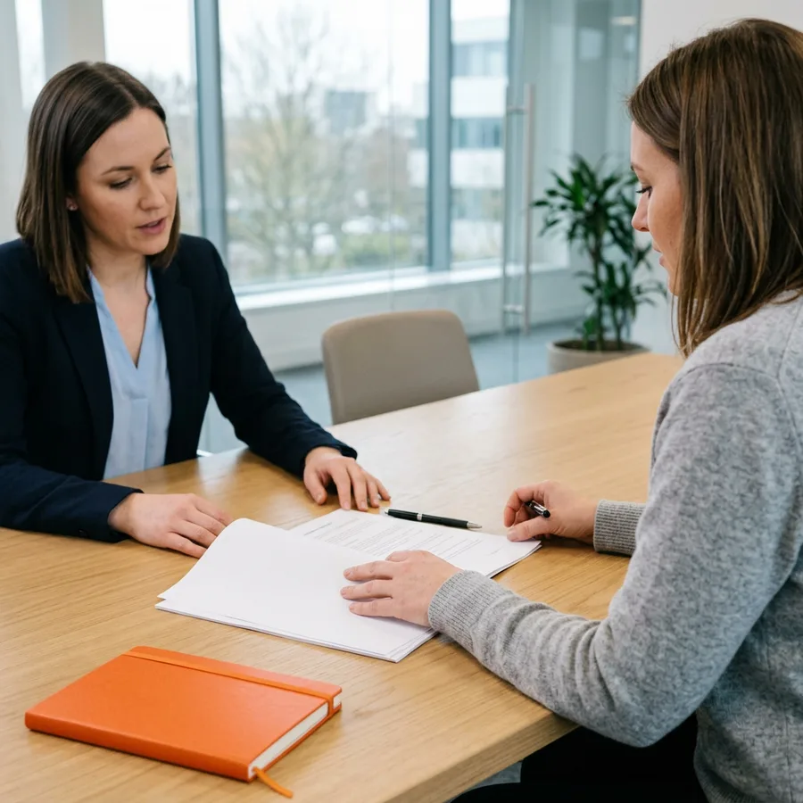 A hiring manager and a candidate reviewing a printed employment agreement across a conference table