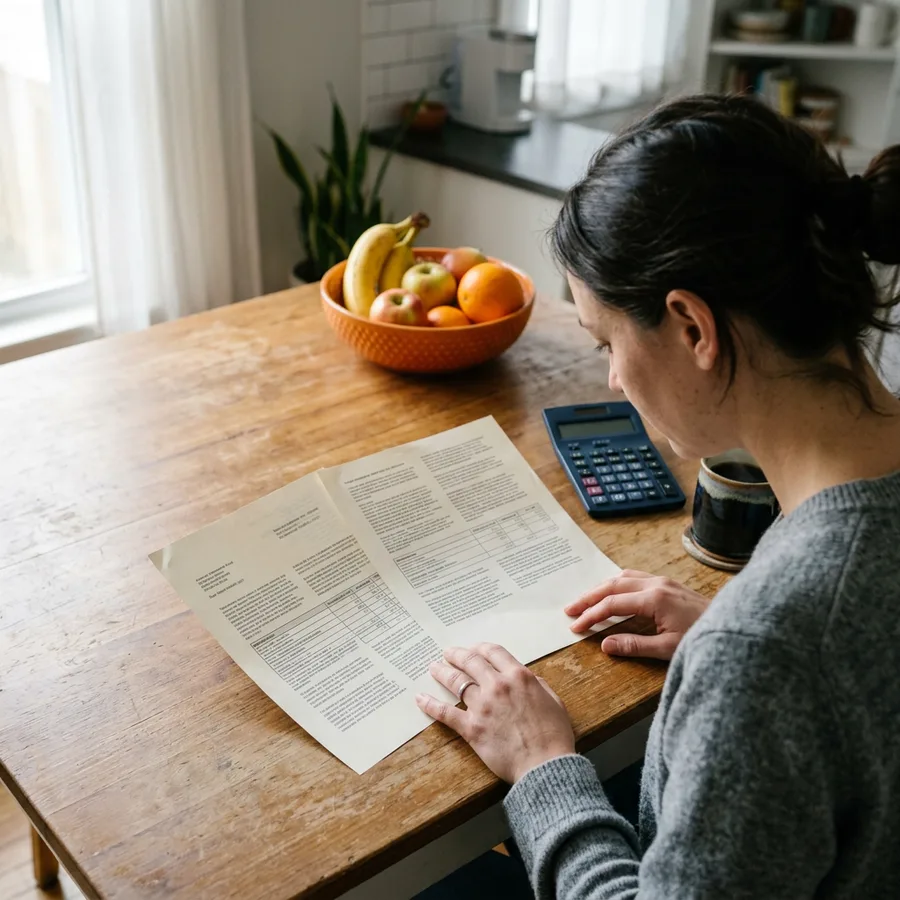 A candidate comparing two printed compensation offers side by side at a kitchen table