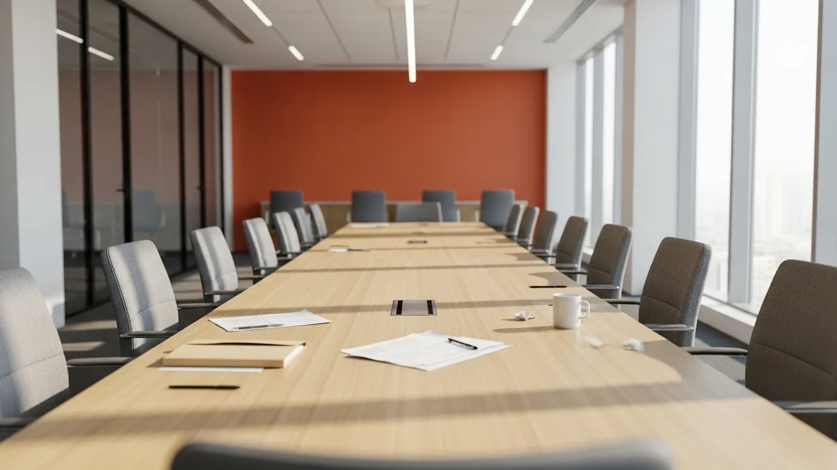 Empty conference room with papers left on the table after an AI vendor demo