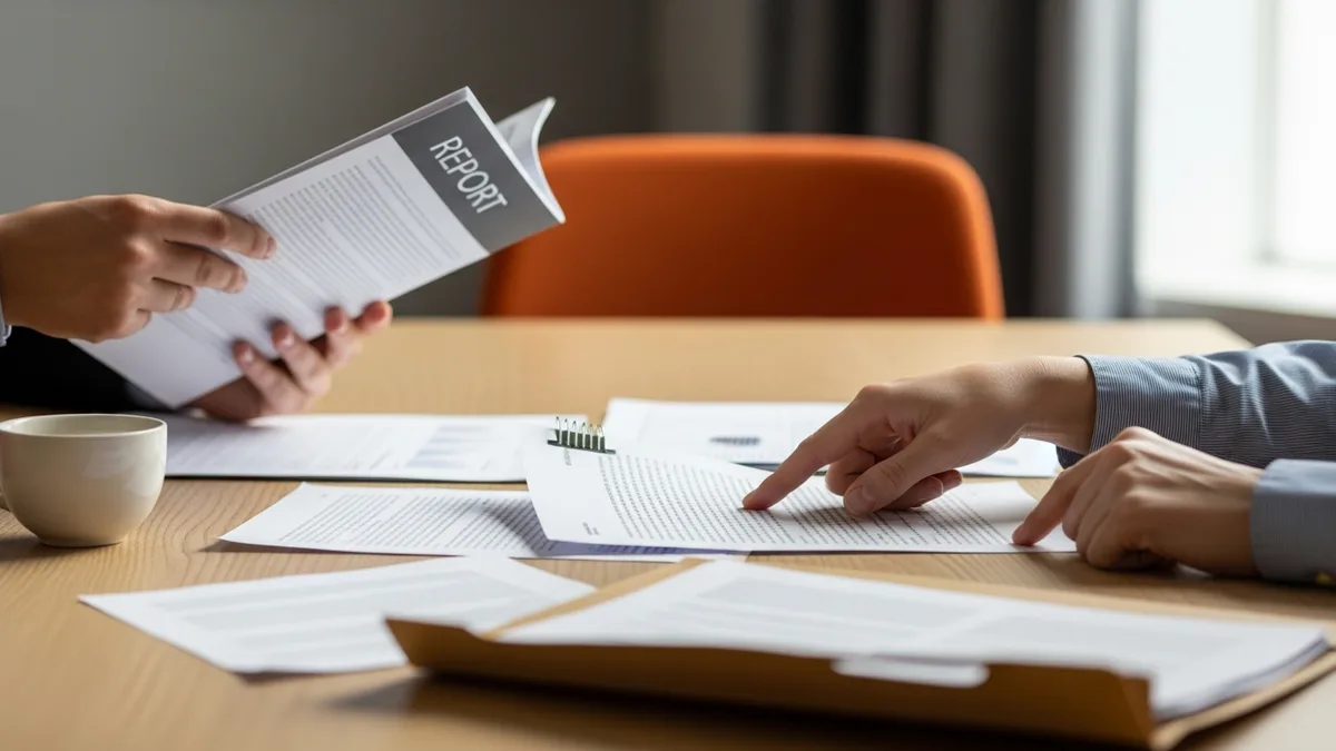 Hands reviewing printed AI vendor benchmark reports across a conference table