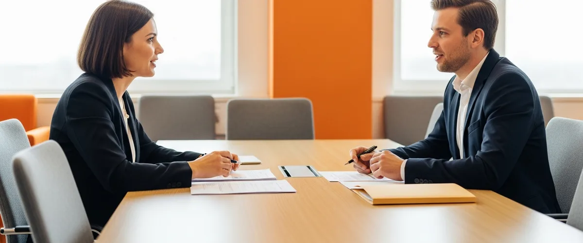 Two engineering leaders reviewing an AI vendor proposal on printed documents in a conference room