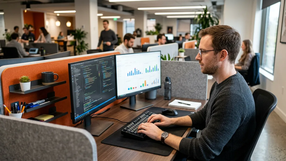 Analytics engineer at a dual-monitor workstation with a SQL model code review on the left screen and a business intelligence dashboard on the right