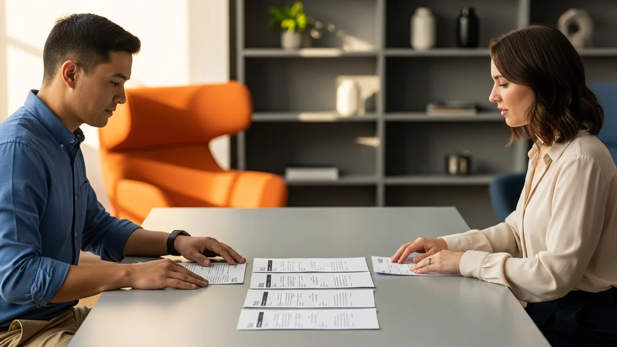 Recruiter and hiring manager comparing printed analytics engineer candidate resumes across a table