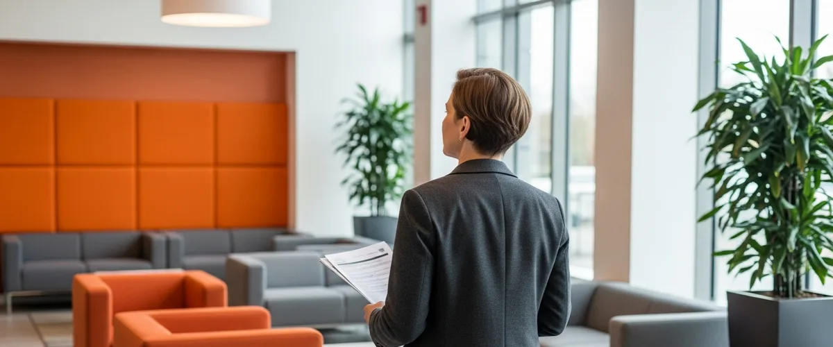 Hiring manager holding a printed analytics engineer job description in a modern office lobby with an orange accent wall