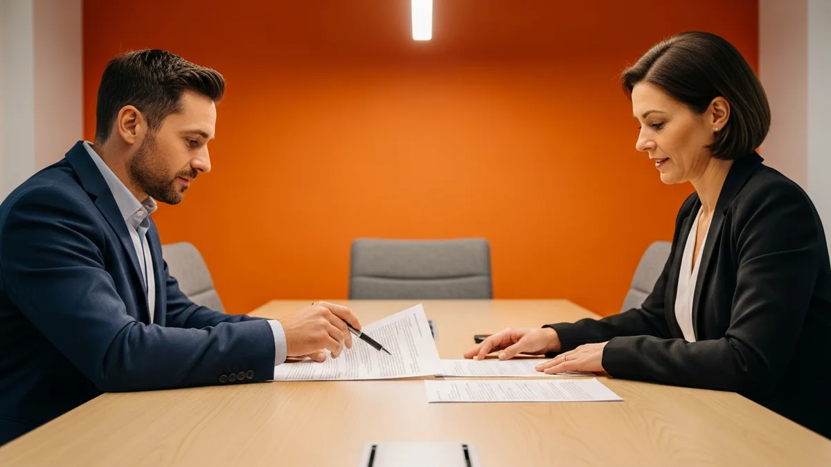 Two hiring managers seated at a conference table reviewing a printed analytics engineer job description