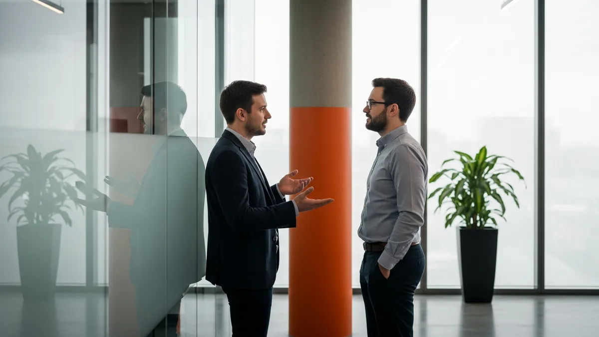 Two Android engineers discussing a Jetpack Compose migration beside a glass office wall