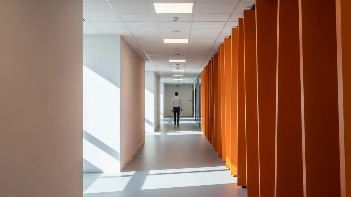 Modern office corridor representing the Android developer hiring loop from screen to offer