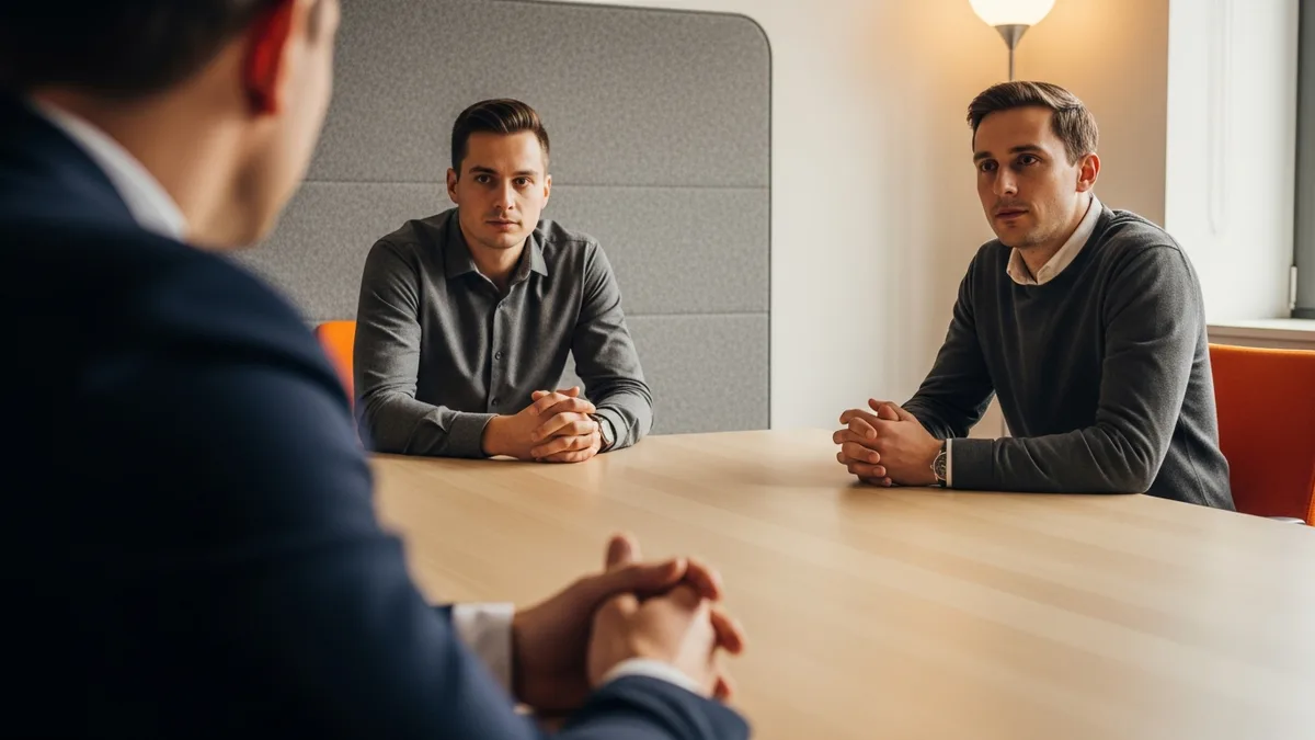 Interview panel evaluating an Android developer candidate across a conference table