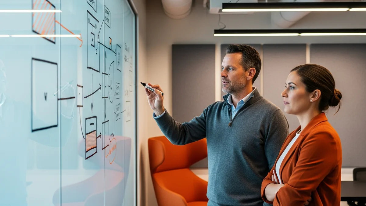 Two Android engineers mapping a Jetpack Compose migration on a glass whiteboard