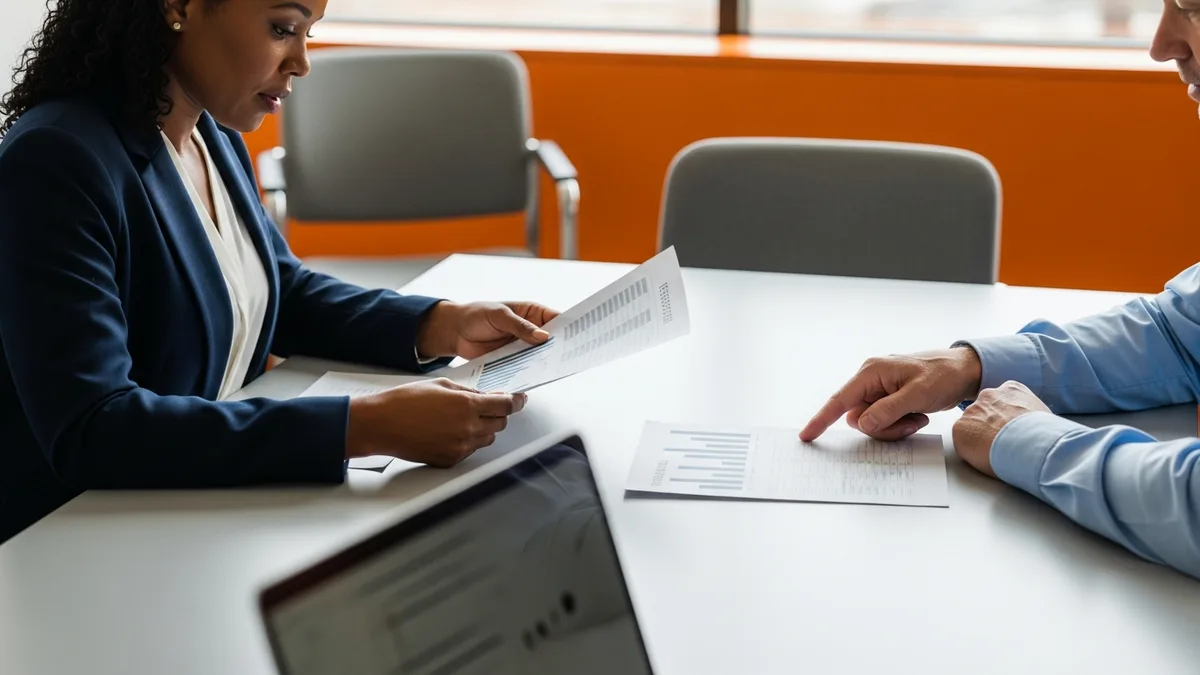 Hiring manager and recruiter comparing Android developer salary benchmark reports