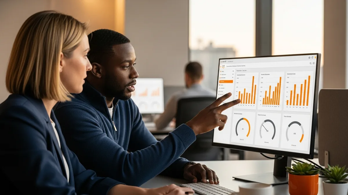 A hiring manager and AWS solutions architect candidate reviewing a cloud cost dashboard together at a desk