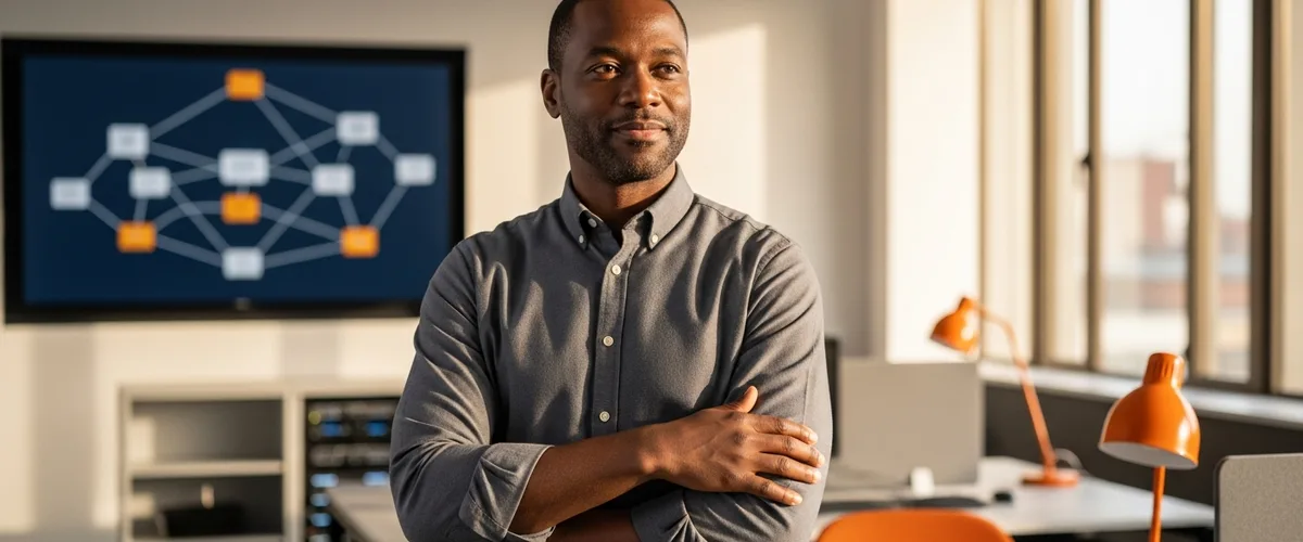 A senior AWS solutions architect standing in a modern cloud engineering workspace